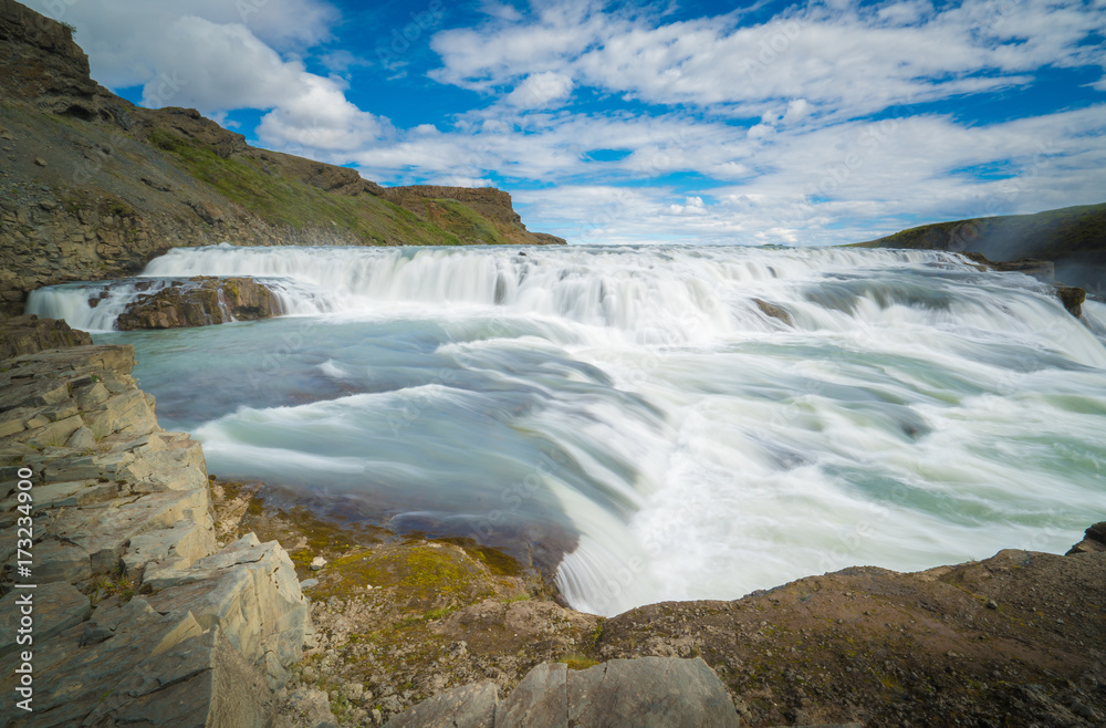 GULLFOSS, The most famoust Icelandic waterfall, The Golden Falls of Gullfoss, Summer time in Iceland GULLFOSS, The most famoust Icelandic waterfall, The Golden Falls of Gullfoss, Summer time in Iceland