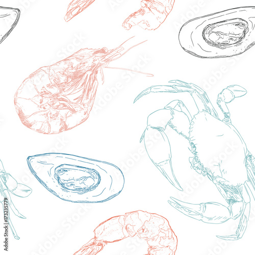 Vector engraving illustration of highly detailed hand drawn seafood.seamless pattern vector.