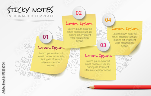 Vector creative infographic template with four sticky notes and hand drawn doodles in the background