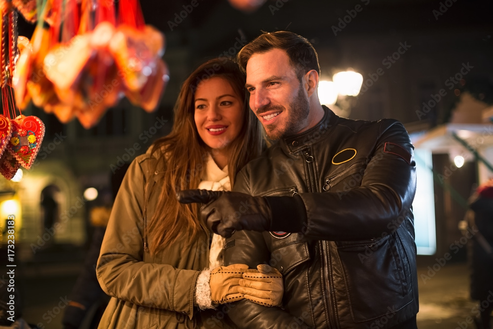Lovely couple having fun and enjoy at winter walk Lovely couple having fun and enjoy at winter walk