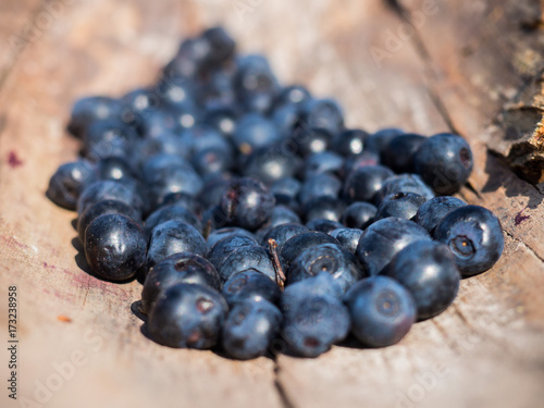 Blueberries lying on a piece of wood