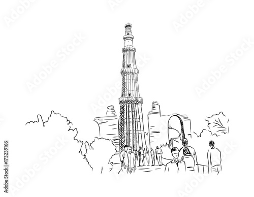 Sketch of Qutub Minar New Delhi India in vector illustration.