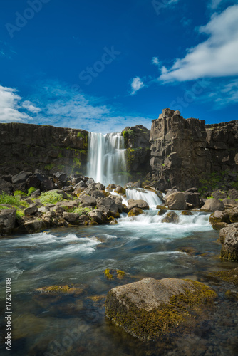 Thingvellir National Park rift valley  Waterfall into The Mid Atlantic Rift  Pingvellir  Iceland
