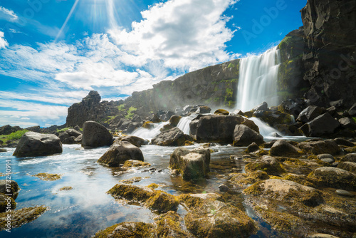 Fototapeta Naklejka Na Ścianę i Meble -  Thingvellir National Park rift valley, Waterfall into The Mid Atlantic Rift, Pingvellir, Iceland