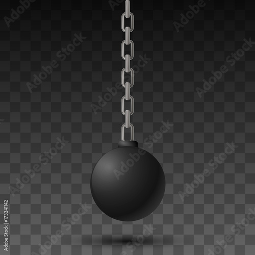 Wrecking ball. Demolition sphere hanging on chains. Vector illustration on black transparent background