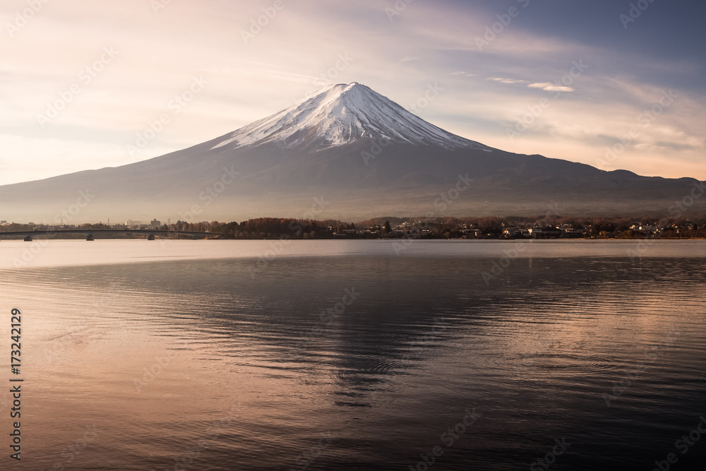 Mt.Fuji and Kawaguchiko lake in winter morning