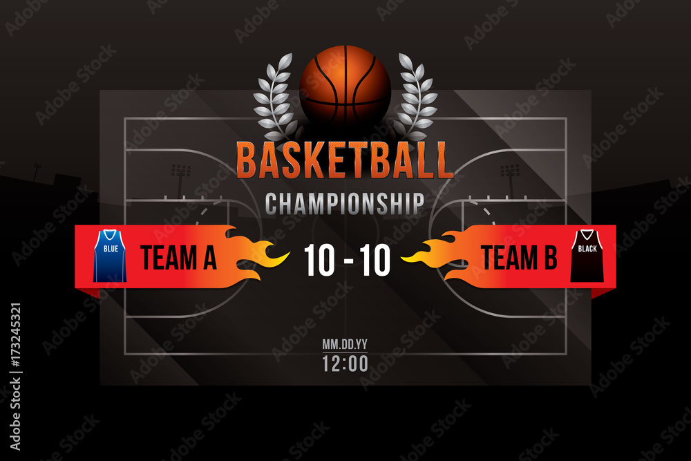 Fototapeta premium Vector of basketball with team competition and scoreboard on court background.