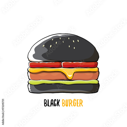 vector cartoon black burger icon with cheese, meat and salad icon isolated on white background