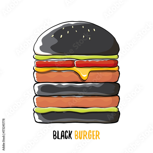 vector cartoon black burger icon with cheese, meat and salad icon isolated on white background