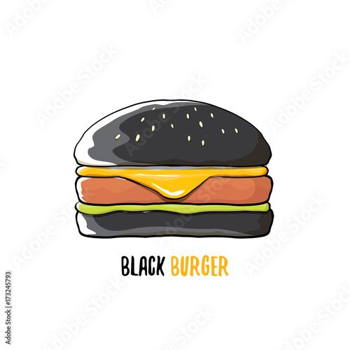 vector cartoon black burger icon with cheese, meat and salad icon isolated on white background