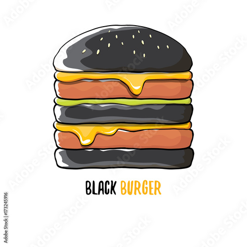 vector cartoon black burger icon with cheese, meat and salad icon isolated on white background