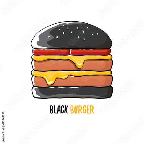 vector cartoon black burger icon with cheese, meat and salad icon isolated on white background