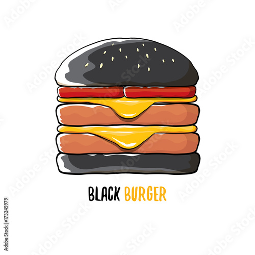 vector cartoon black burger icon with cheese, meat and salad icon isolated on white background
