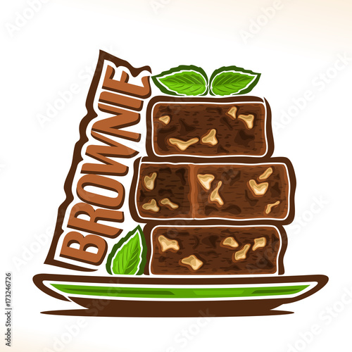 Vector logo for Brownie confection, heap of square yummy chocolate pieces with almond nuts decorated leaves of mint on green plate, original typography font for brown word brownie, fresh baked goods.