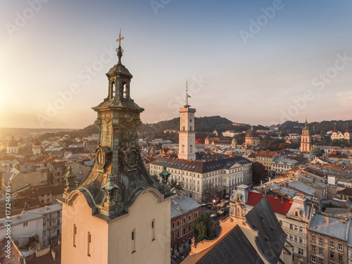 Cathedral from above, aerial panoramic view. Located in Lviv, Ukraine. Sunset time, cityscape. photo