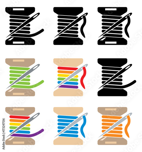 vector spool icons with sewing needle and thread