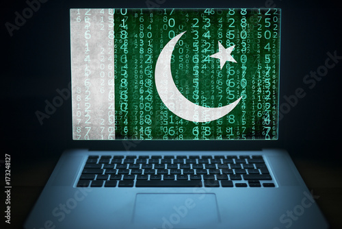 Pakistan internet security. Laptop with binary computer code and Pakistani  flag on the screen. Pakistani hacker. Network security. Stock-foto | Adobe  Stock