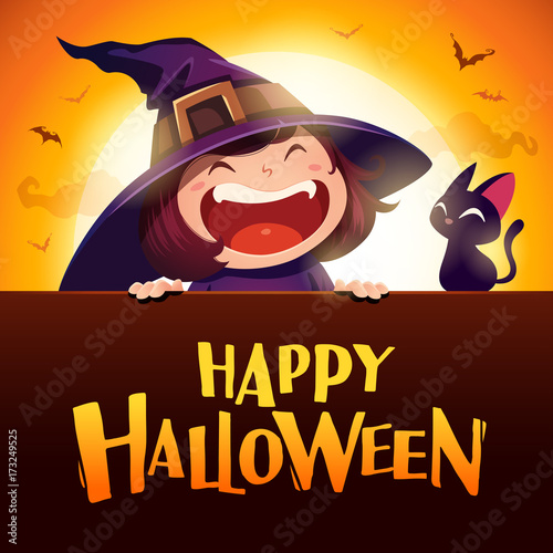 Happy Halloween. Little witch with big signboard in the moonlight.