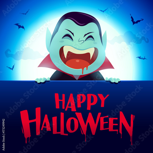 Happy Halloween. Dracula Vampire with big signboard in the moonlight.