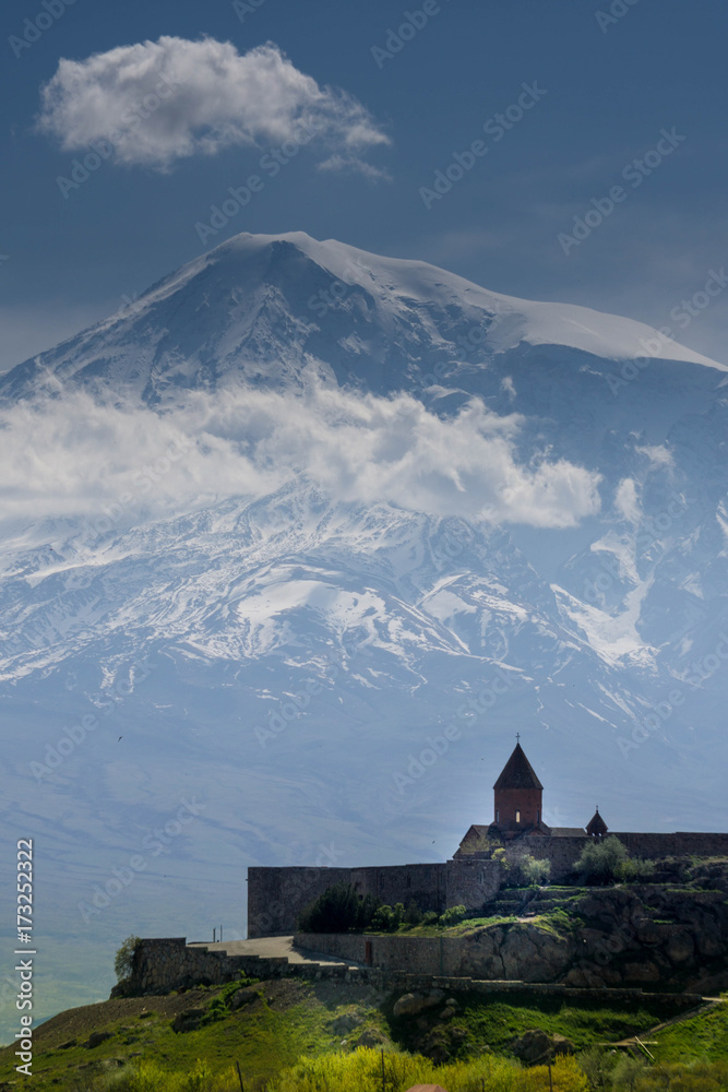 Ancient Armenian church with Ararat on the background.