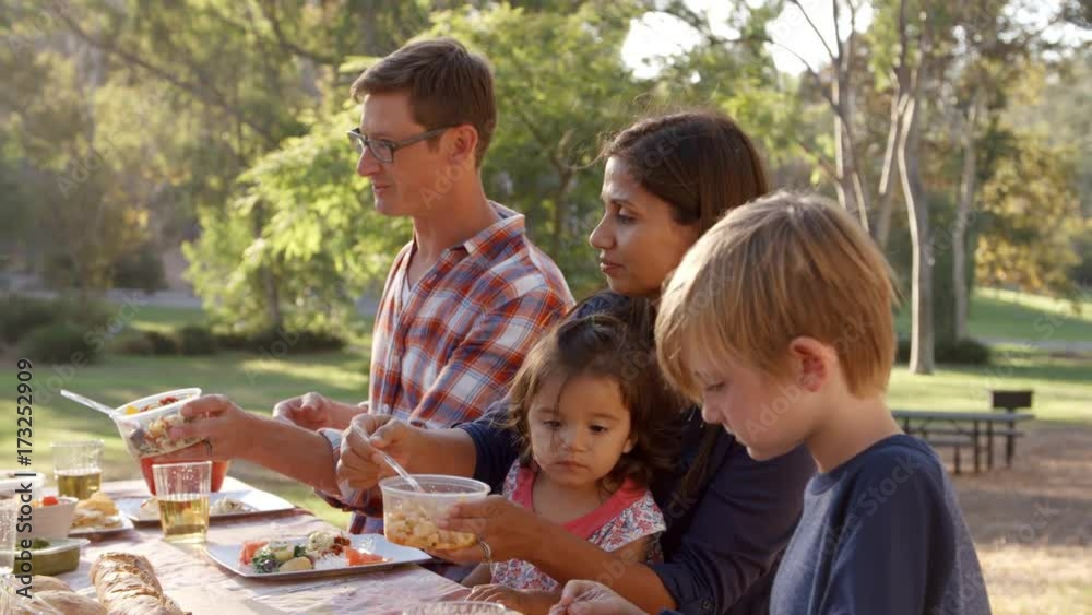 Two families eating at a picnic table in a park, close up Two families eating at a picnic table in a park, close up