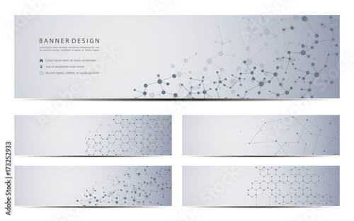 Technological and scientific banners with structure of molecular particles and atom. Polygonal abstract background. Vector illustration.