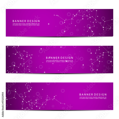 Technological and scientific banners with structure of molecular particles and atom. Polygonal abstract background. Vector illustration.