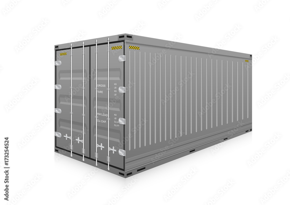 Cargo container vector isolated on white background. Metal box or equipment for storage at dock, port, warehouse. Freight transport by ship, crane, trailer truck for shipping, import export business. Cargo container vector isolated on white background. Metal box or equipment for storage at dock, port, warehouse. Freight transport by ship, crane, trailer truck for shipping, import export business.