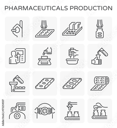 Pharmaceutical and supplement manufacture industry vector icon. Include capsule pill tablet drug or medicine, filling bottle package, operator, computer, robot, automated machine and production line.