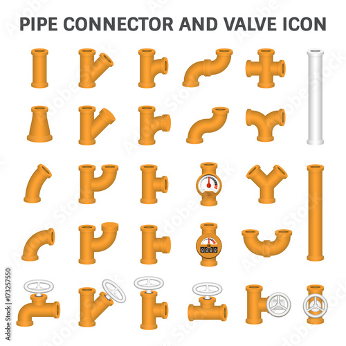 Pipe icon and flange fitting. Include control valve and pressure gauge or manometer. For pipeline construction and transportation liquid or gas i.e. crude, oil, natural gas, sewage, wastewater etc. 
