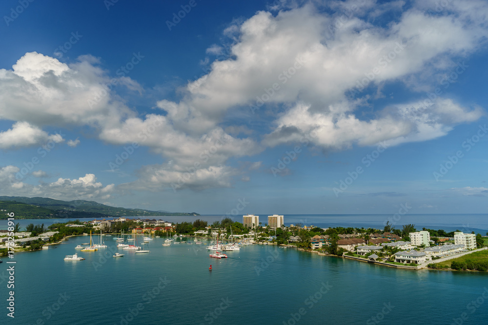 Aerial view of yacht marina at daylight in Montego Bay - Jamaica