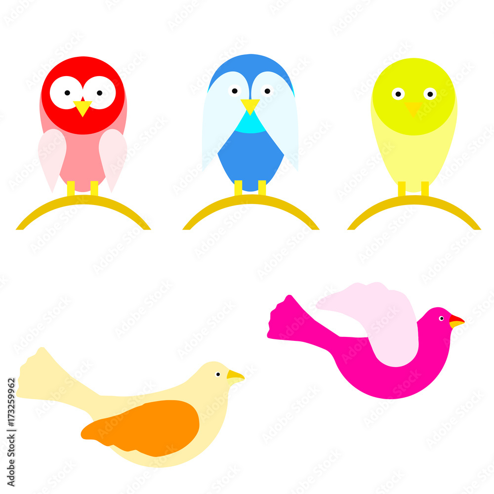 vector set with cartoon birds in multiple colors