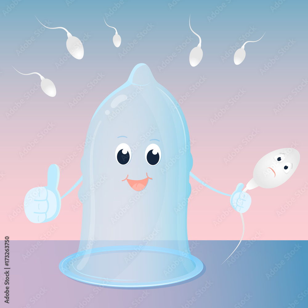 Funny cartoon condom holds in his hand a sperm. World Contraception Day.  Stock Vector | Adobe Stock