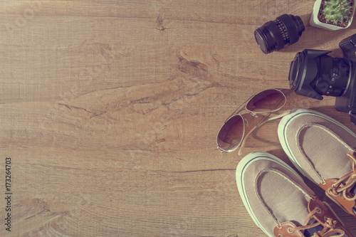 Vintage image of man traveler items. Top view with copy space, flat lay. photo