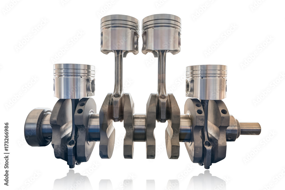 Inline four cylinder of diesel and gasoline engine with crank shaft isolate on white background with cliping path, Reciprocating type engine.