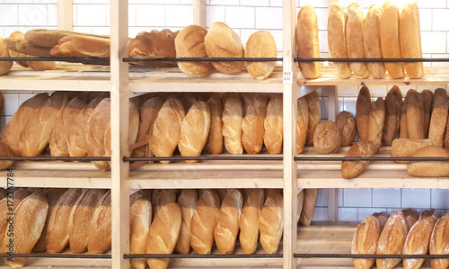 Bakery Store. Shelves with various bread