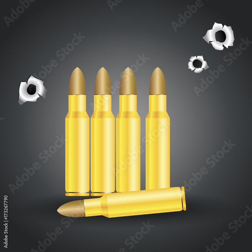 Weapon bullets and bullet holes isolated on gray background