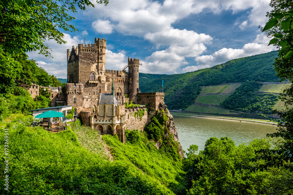 Rheinstein Castle at Rhine Valley (Rhine Gorge) in Germany - obrazy, fototapety, plakaty 