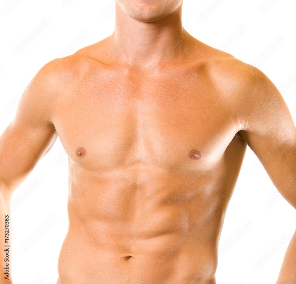 Close up of muscular male torso, over white