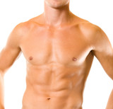 Close up of muscular male torso, over white