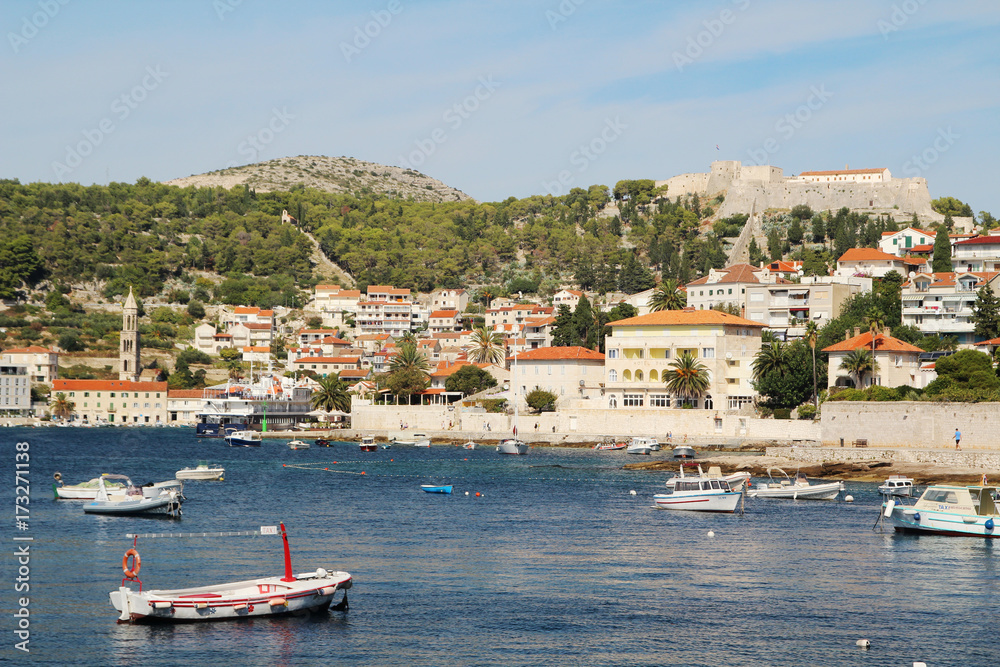 View to the Castle in Hvar from promenade, Croatia 