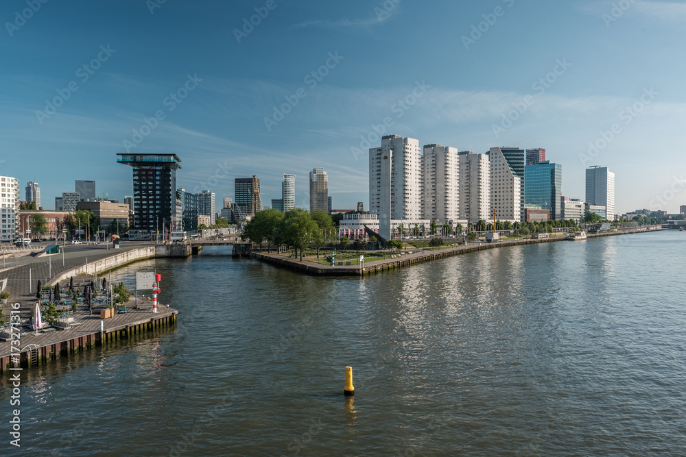 Rotterdam city cityscape skyline Nieuwe Maas (Rhine) river in front, South Holland, Netherlands.