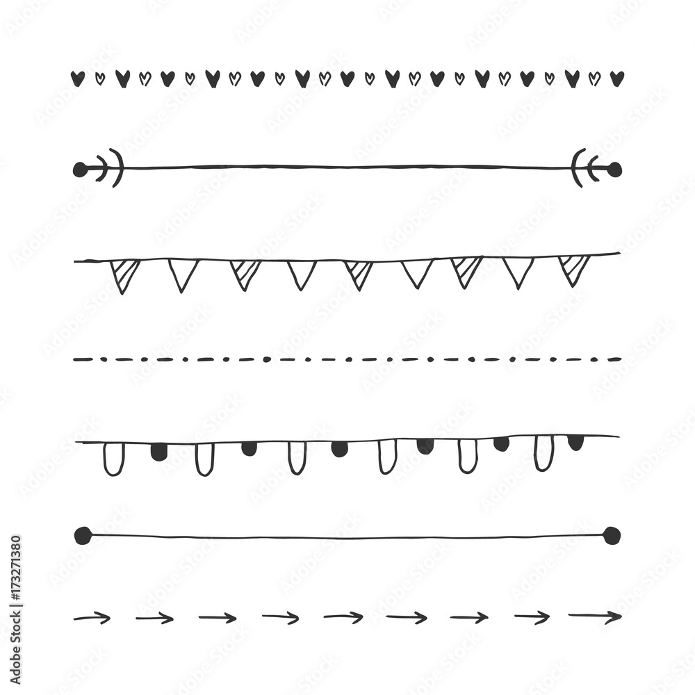 Set of hand drawn, doodle borders and brushes isolated on white