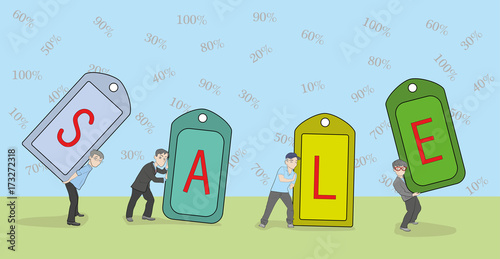 Little people keep tags sale. vector illustration.