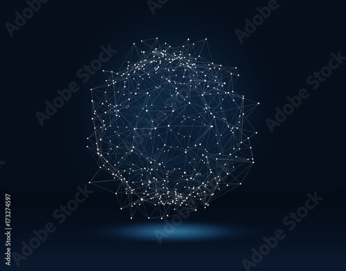 Futuristic hight technology background with connected glowing dots and lines. Virtual 3D illustration of polygonal sphere as global network concept.