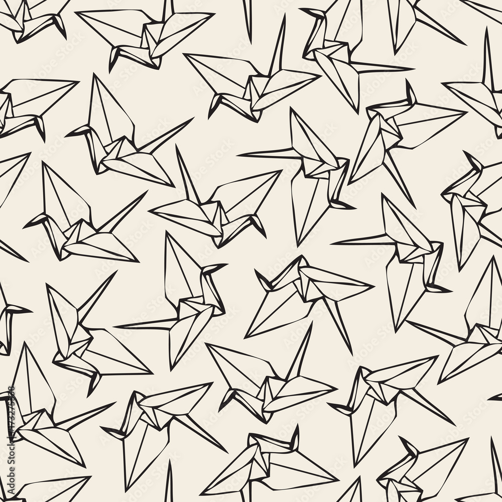 Seamless monochrome paper origami bird pattern background