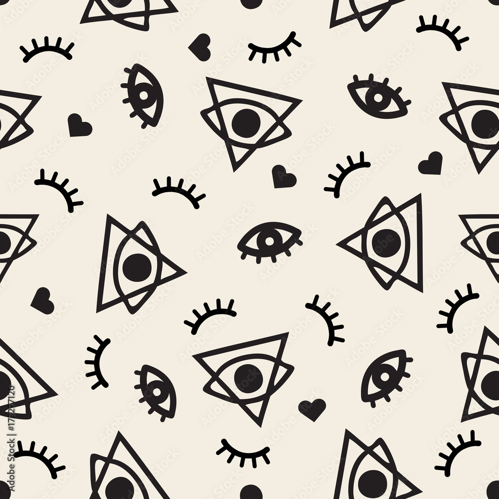 seamless monochrome hand drawn eye with triangle pattern background seamless monochrome hand drawn eye with triangle pattern background