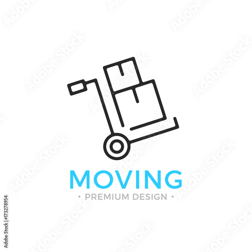 Moving line icon. Hand truck with cardboard boxes. Relocation concept. Simple linear design. Black vector moving icon