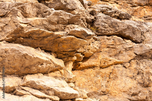 nature, canyon, trekking concept. on the ground that was transferred by wind and placed between cracks of this cliff there is small bunch of grass, that turned yellow because of ruthless sun