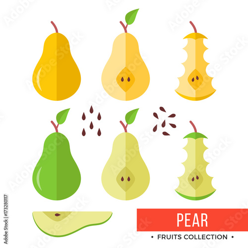 Pear. Green, yellow whole pear and parts, slices, seeds, leaves, core. Set of fruits. Flat design graphic elements. Vector illustration